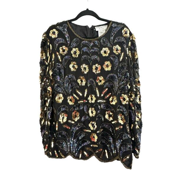 ADRIANNA PAPELL Boutique Evening Silk Sequin Embellished Dress Top - Sz Large - Picture 1 of 5